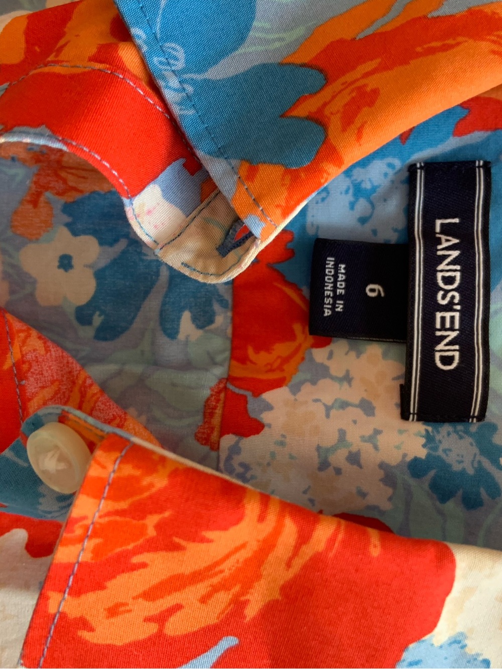Lands' End Blouse Women Orange & Blue Floral Button Down Shirt - Picture 5 of 7